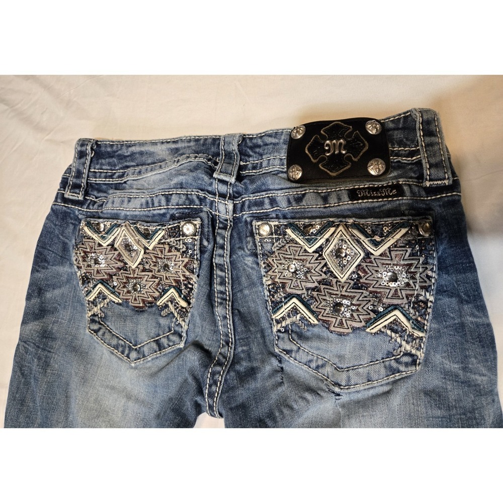 Miss Me Y2K Beaded Embroidered Jeans Signature Boot 27 Aztec Blue Preloved Pics!